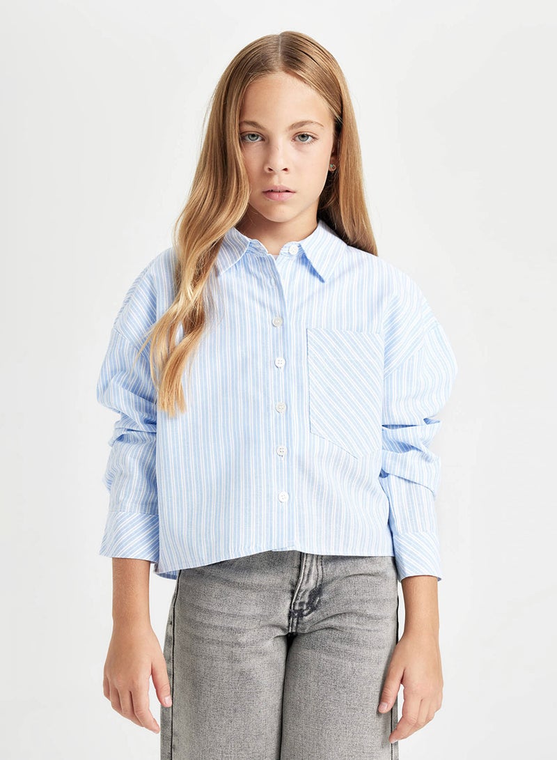 Cropped Cotton Long Sleeve Pocket Shirt