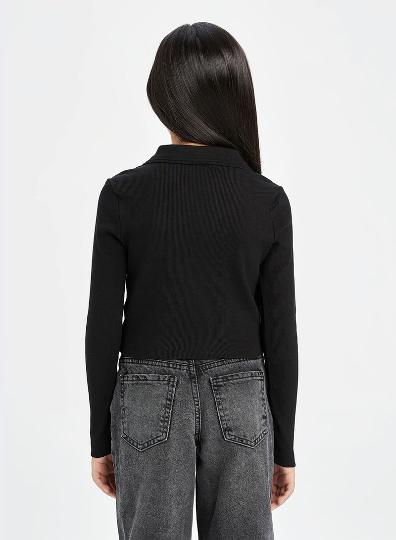 Cropped Polo Neck Ribbed Long Sleeve T-Shirt