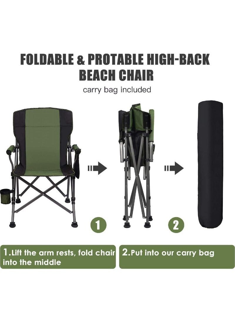 Outdoor Portable Camping Chair Lightweight Folding Green Camping Chair Heavy Duty Support 145KG High Back Padded Lawn Chair with Arm Rest Cup Holder and Portable Carrying Bag