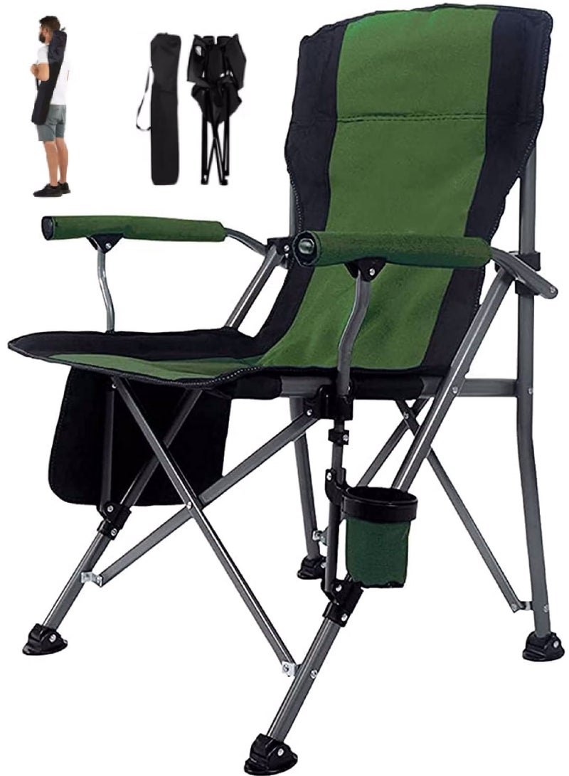 Outdoor Portable Camping Chair Lightweight Folding Green Camping Chair Heavy Duty Support 145KG High Back Padded Lawn Chair with Arm Rest Cup Holder and Portable Carrying Bag