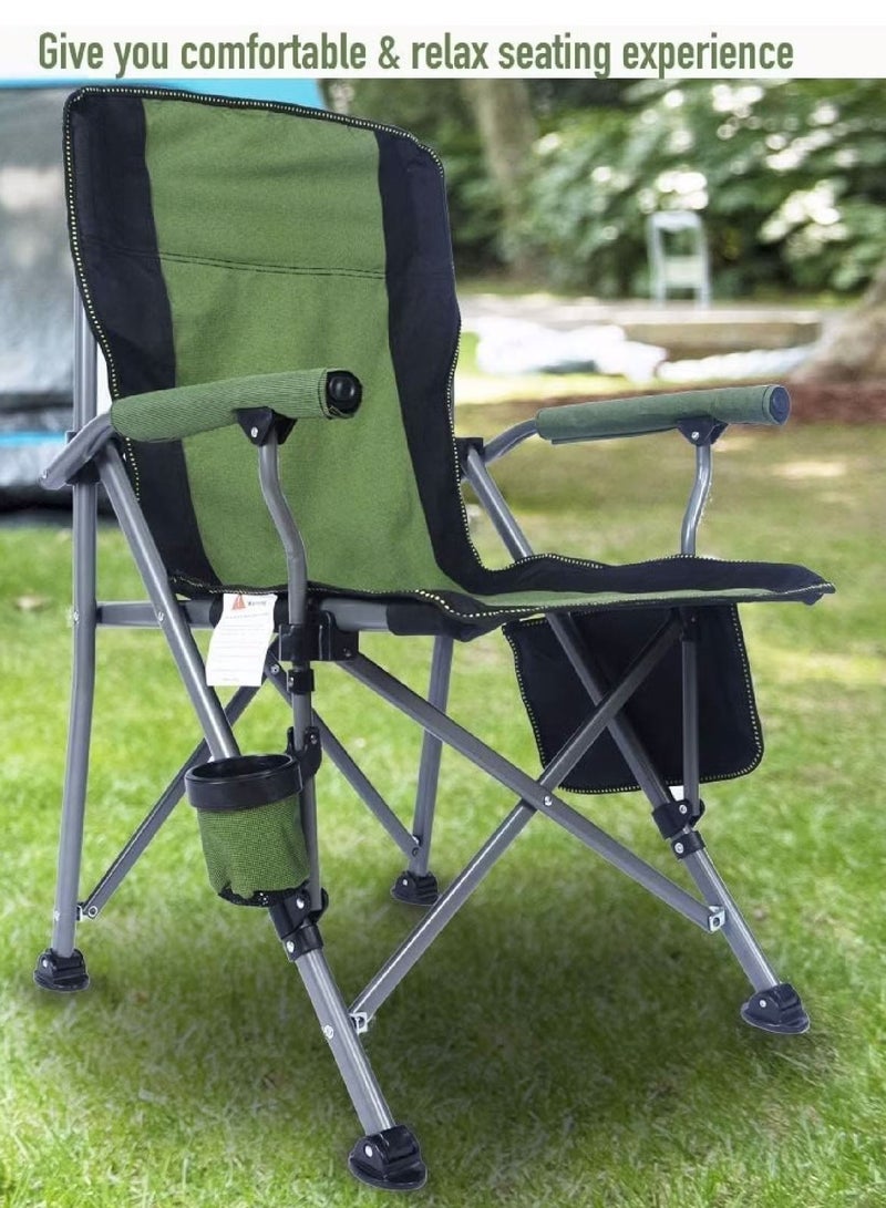 Outdoor Portable Camping Chair Lightweight Folding Green Camping Chair Heavy Duty Support 145KG High Back Padded Lawn Chair with Arm Rest Cup Holder and Portable Carrying Bag