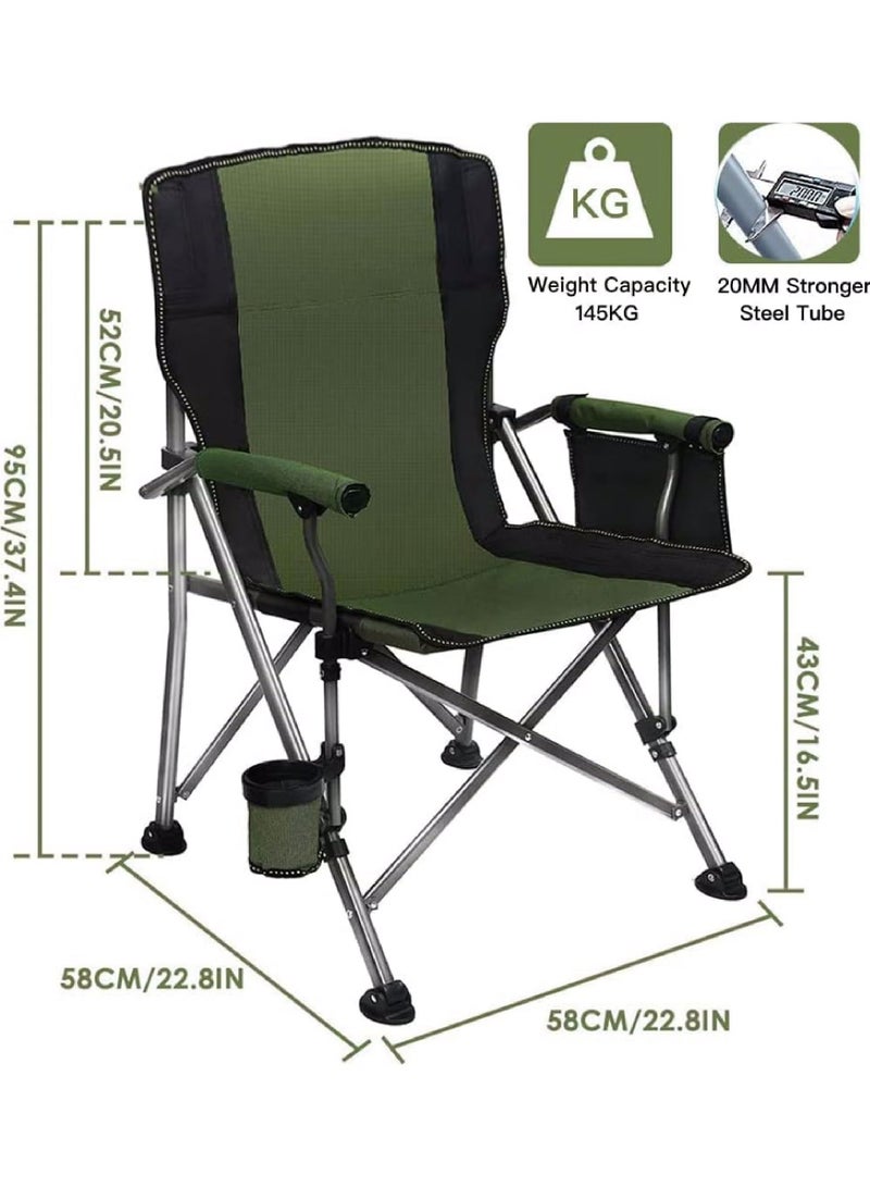 Outdoor Portable Camping Chair Lightweight Folding Green Camping Chair Heavy Duty Support 145KG High Back Padded Lawn Chair with Arm Rest Cup Holder and Portable Carrying Bag