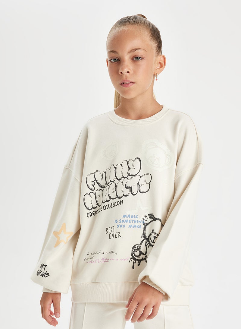 Ecru Oversized Fit Crew Neck Bear Printed Sweatshirt