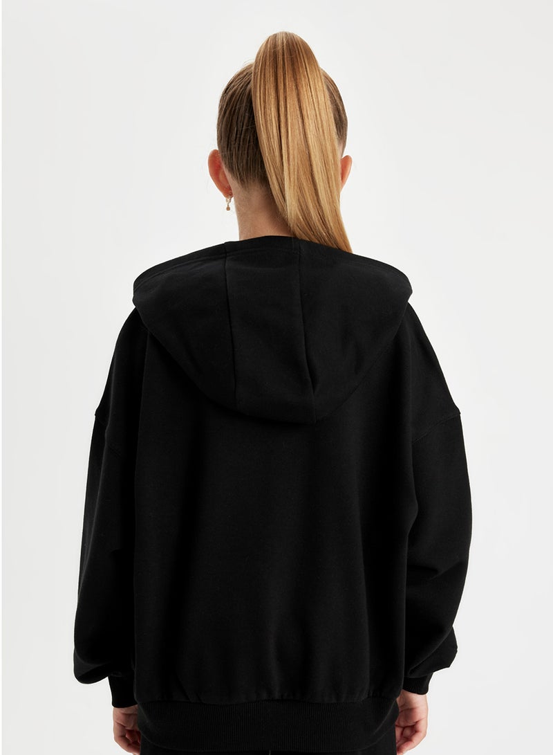 Black Oversized Fit Hooded Text Printed Sweatshirt