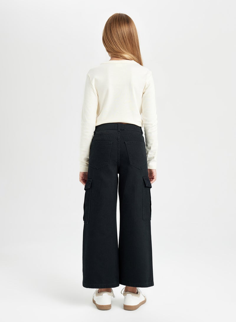 Wide Leg Cargo Pocket Cotton Black Pants