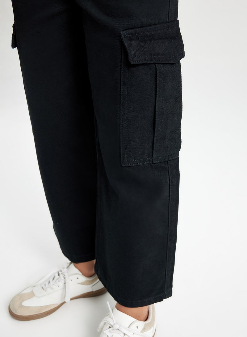 Wide Leg Cargo Pocket Cotton Black Pants