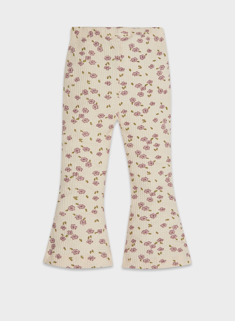 Flared Floral Print Elastic Waist Ribbed Long Pants