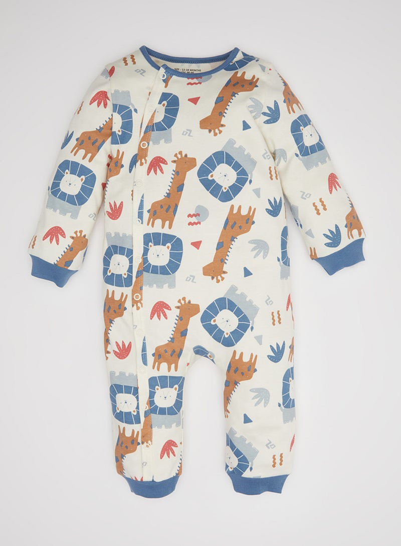 Newborn Ecru Snap-Up Safari Print Long Sleeve Romper