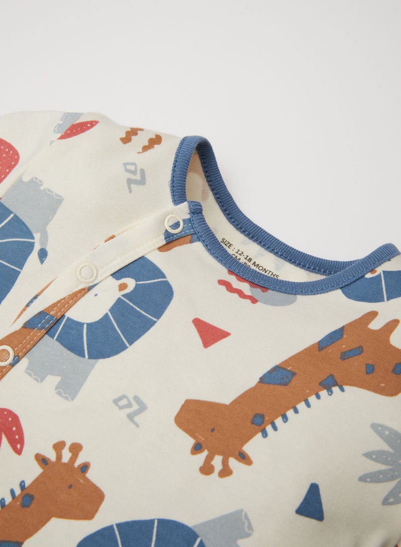 Newborn Ecru Snap-Up Safari Print Long Sleeve Romper