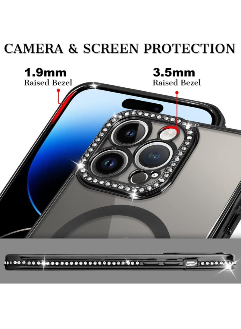 Sparkly Magnetic Glitter Case for iPhone 14 Pro Max - Luxury Clear Bumper with Diamond Plating, Full Camera Protection, MagSafe Compatible, Perfect for Women and Girls - Black