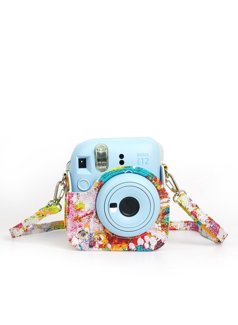 Colorful PU Leather Camera Case for Fuji Mini 12 Instant Camera - Stylish Abstract Design with Adjustable Shoulder Strap, Perfect for On-the-Go Photography