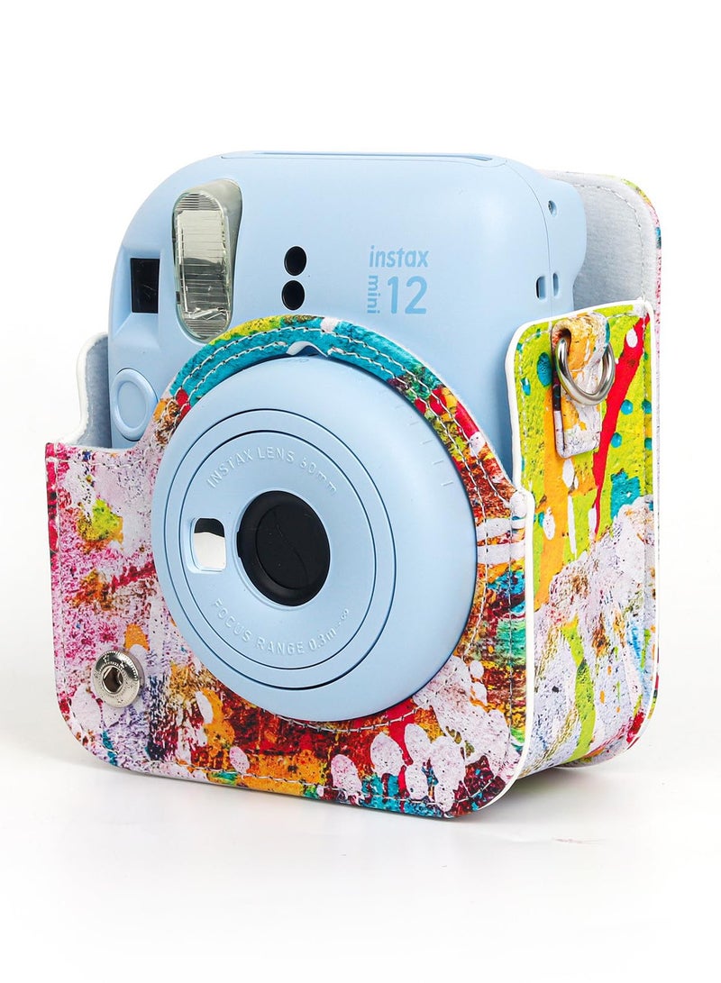 Colorful PU Leather Camera Case for Fuji Mini 12 Instant Camera - Stylish Abstract Design with Adjustable Shoulder Strap, Perfect for On-the-Go Photography