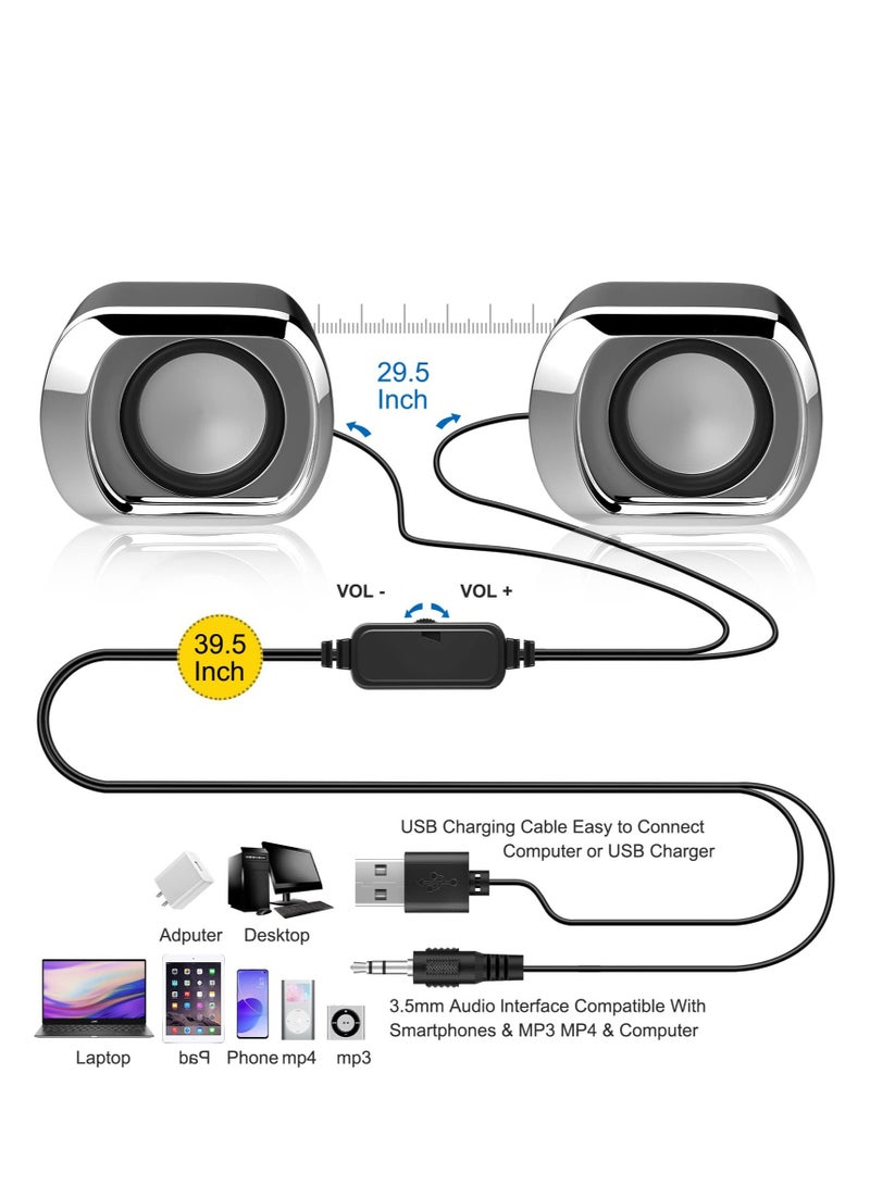 Sleek 2.0 USB-C Desktop Speakers with Volume Control, 3.5mm Audio Jack - Perfect for PC, Laptops, Tablets & Phones (Black)