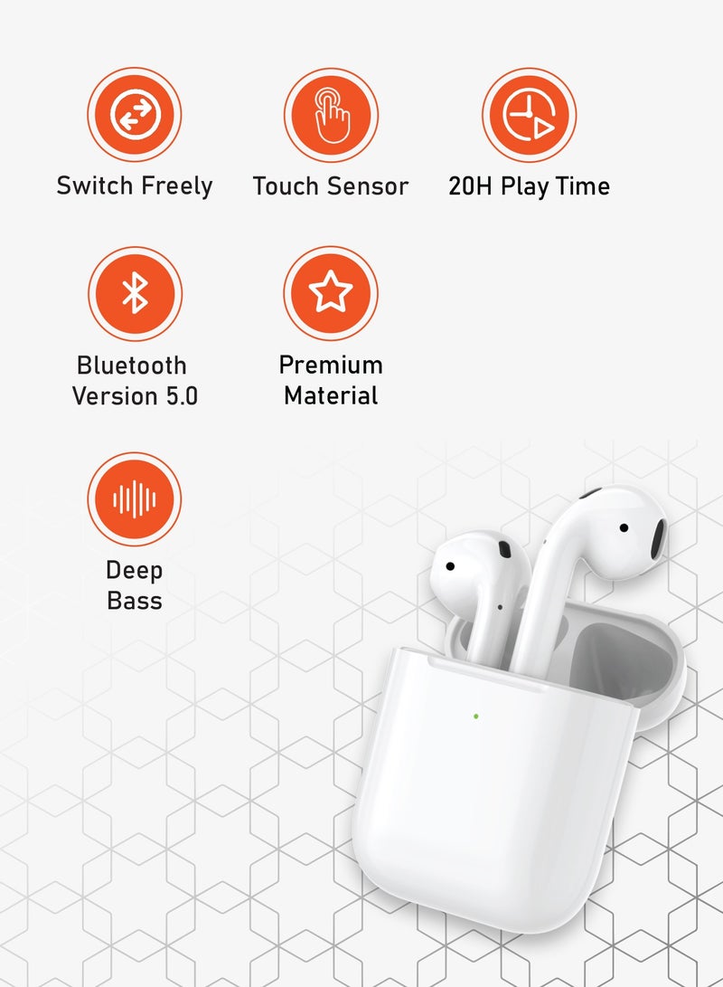 Deep Bass Wireless Earbuds 2, 20H Total Working Time, Wireless Charging, Independent Earbuds, Touch Control, Connectivity with Bluetooth 5.0, One-Step Pairing - White