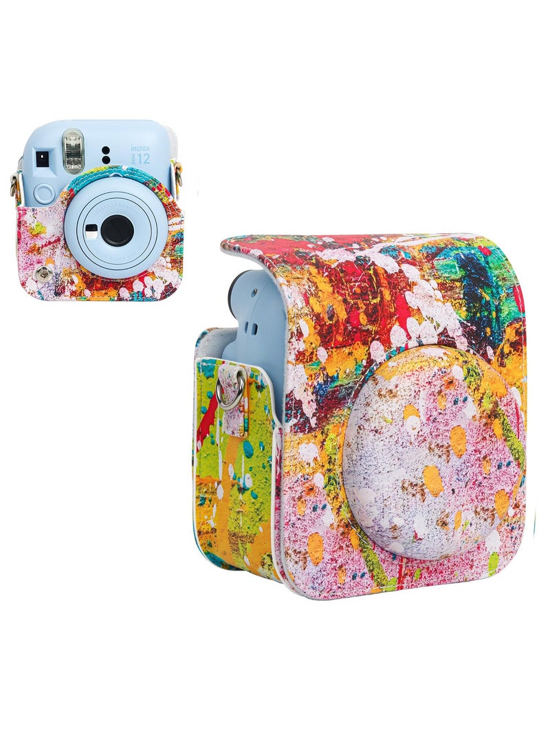 Colorful PU Leather Camera Case for Fuji Mini 12 Instant Camera - Stylish Abstract Design with Adjustable Shoulder Strap, Perfect for On-the-Go Photography