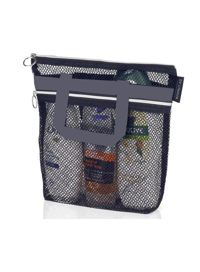 Mesh Shower Caddy Portable 26*25cm Shower Bag with Zipper & 2 Pockets. Shower Tote Ideal for Gym, Travel, Camp, Beach, for Sunscreen, Dorm & College Essentials (Black)