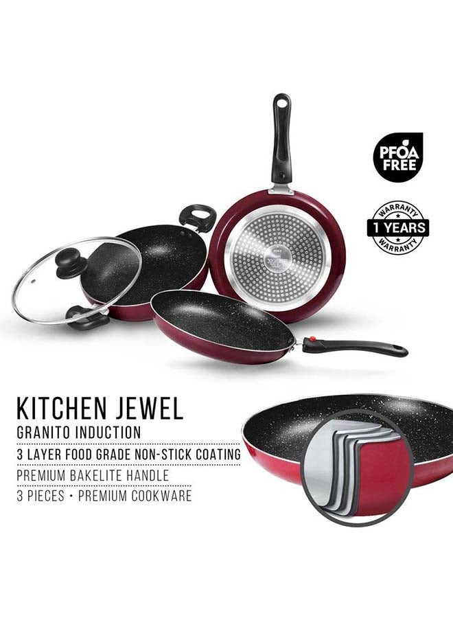 Cookware Set of 4 - Fry Pan (24 cm/1.6 L), Kadhai with Glass Lid (24 cm/2.5 L) & Tawa (25 cm), Induction & Flame Safe, Dishwasher Compatible - Kitchen Jewel Peach 24 cm Fry Pan, 24 cm Kadhai, 25 cm Tawa