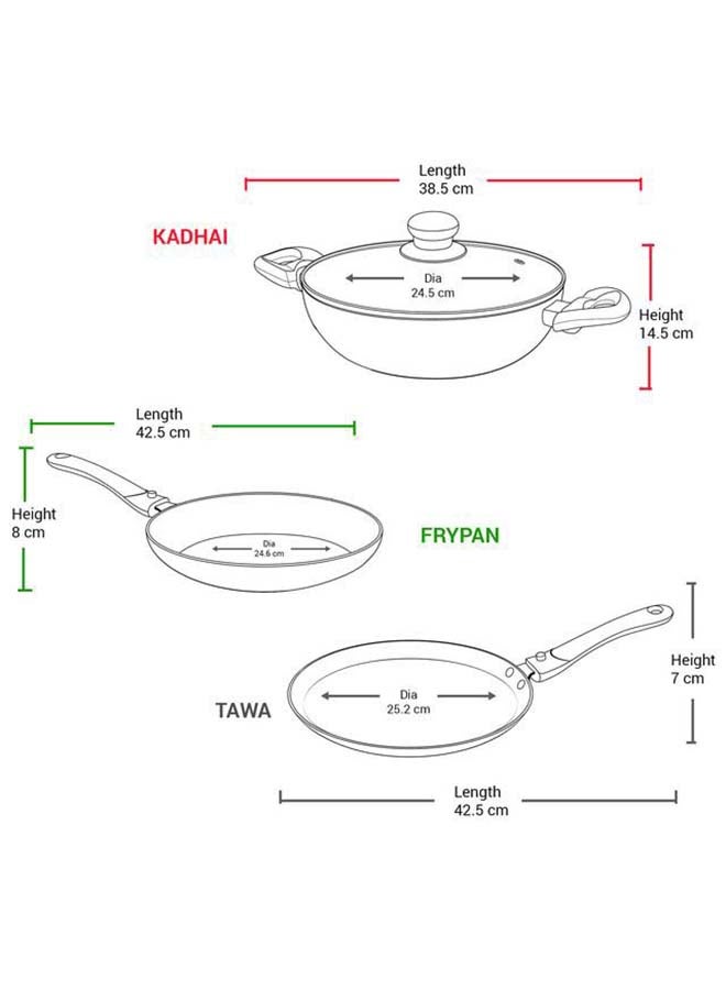 Cookware Set of 4 - Fry Pan (24 cm/1.6 L), Kadhai with Glass Lid (24 cm/2.5 L) & Tawa (25 cm), Induction & Flame Safe, Dishwasher Compatible - Kitchen Jewel Peach 24 cm Fry Pan, 24 cm Kadhai, 25 cm Tawa