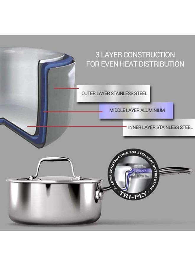 16 cm, 1.4 Litre Triply Stainless Steel Sauce Pan with Lid, Dishwasher Safe, Even Heat Distribution, Induction & Flame Safe, Sturdy Handles Silver 16 cm / 1.4 Litre