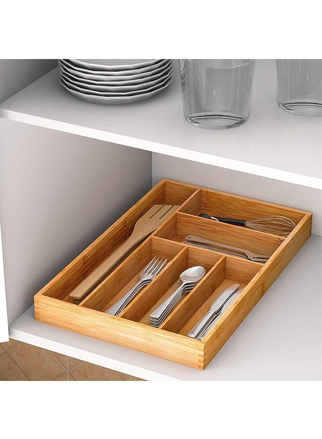 Large Bamboo Kitchen Flatware Drawer Organizer Divider, Cutlery and Utensil Holder Tray with 6 Compartments