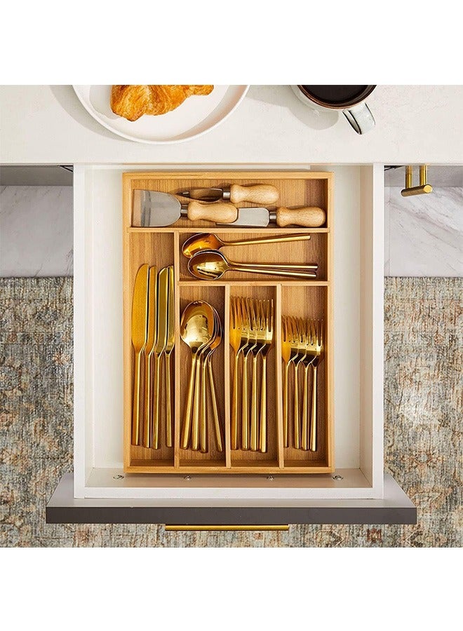 Large Bamboo Kitchen Flatware Drawer Organizer Divider, Cutlery and Utensil Holder Tray with 6 Compartments