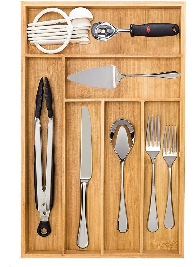 Large Bamboo Kitchen Flatware Drawer Organizer Divider, Cutlery and Utensil Holder Tray with 6 Compartments