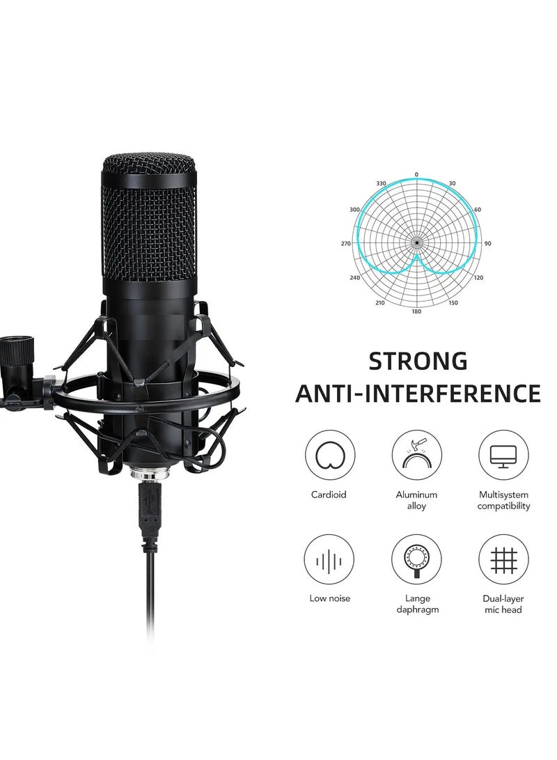 USB Studio Microphone with Noise Reduction, Stand, and Ring Light for High-Quality Streaming, Karaoke, and Podcasting on PC and YouTube.