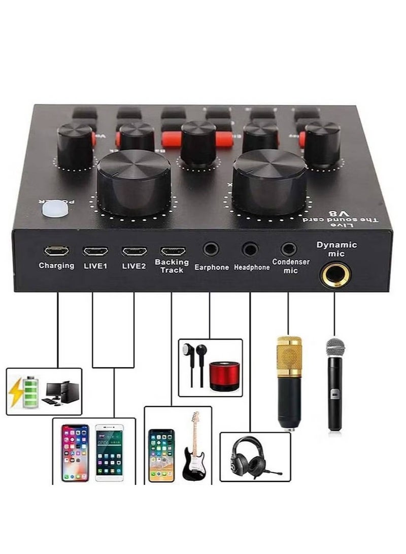 Podcast Equipment Set, BM-800 Mic Kit with V8 Live Sound Card, Condenser PC Gaming Mic with Professional Audio Mixer, Prefect for Streaming, Computer, Singing, Youtube, Recording (BLACK)