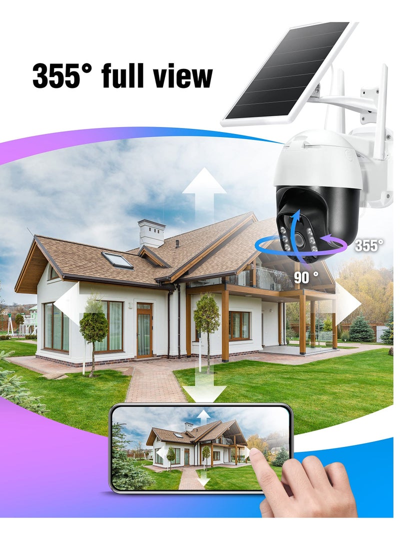 Security Camera Wireless Outdoor 3MP Ultra HD 2K Smart Camera, 3MP Solar Powered 2.4G WiFi 360° View Pan Tilt Strobe Light Spotlight Color Night Vision PIR Human Detection 2-Way Talk IP66 PTZ