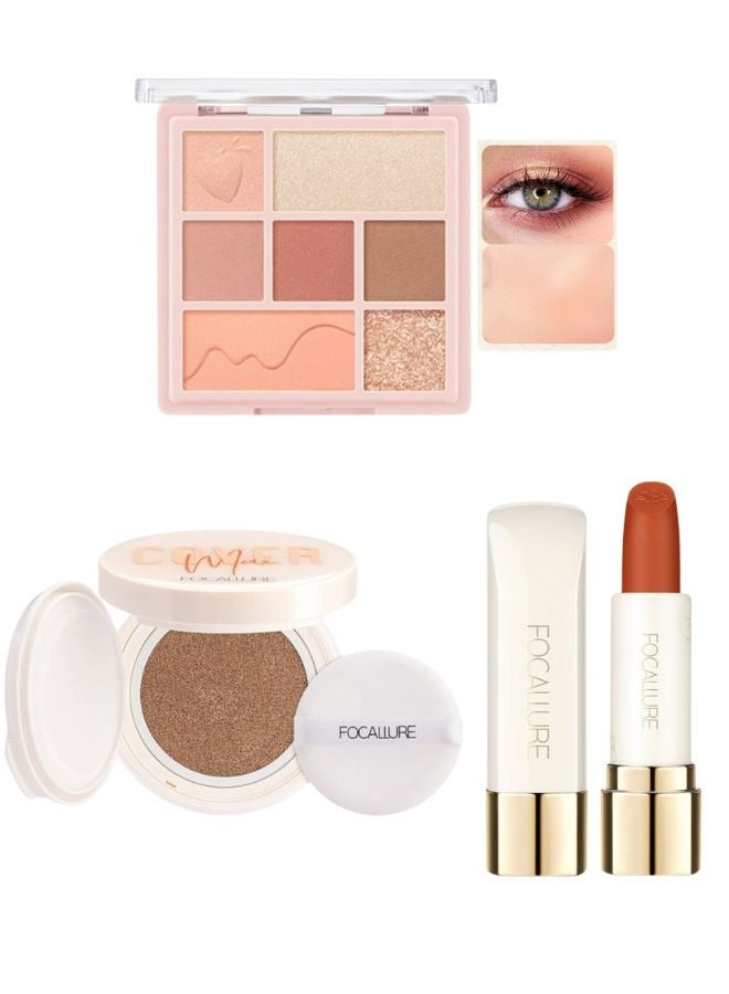 Set of Covermax Longlasting Cushion Foundation- #2 Dusk + Multi Face Makeup Palette All In 1-#4 Strawberry Cheese Palette + Pure Matte Lipstick #203 Pinky Rose