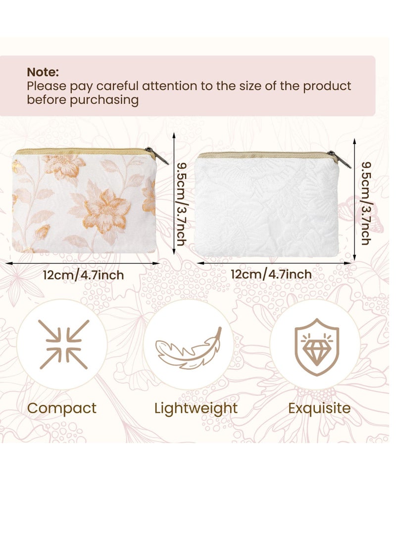 Floral Embroidery Makeup Bag Set - 2 Soft Cosmetic Pouches for Lipstick & Toiletries, Portable Zipper Organizers in White & Beige, Perfect for Purse & Travel