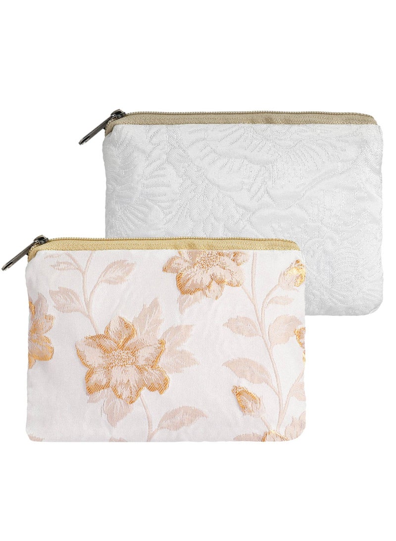 Floral Embroidery Makeup Bag Set - 2 Soft Cosmetic Pouches for Lipstick & Toiletries, Portable Zipper Organizers in White & Beige, Perfect for Purse & Travel