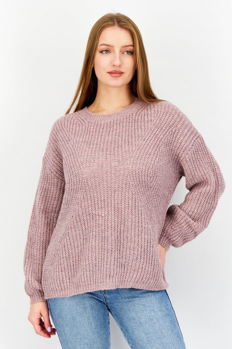 Women Crew Neck Metallic Sweater, Light Pink