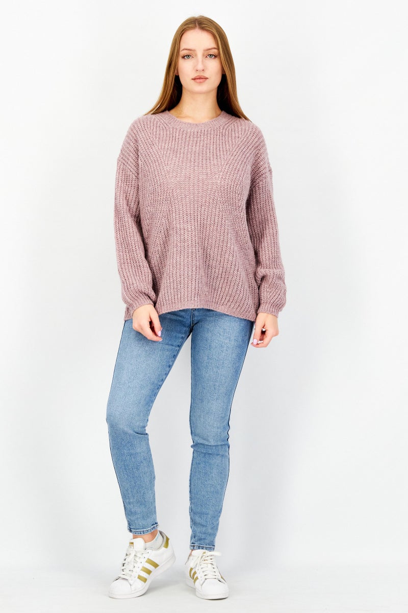 Women Crew Neck Metallic Sweater, Light Pink