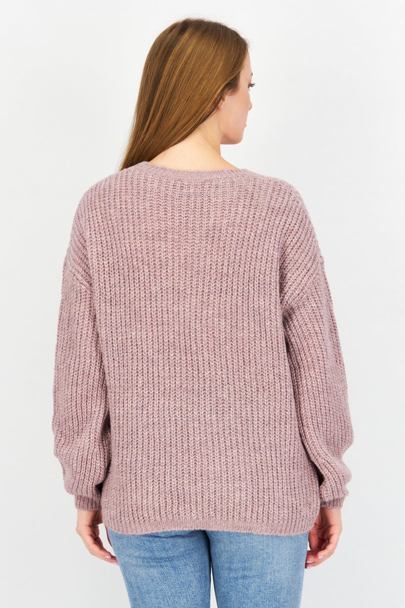 Women Crew Neck Metallic Sweater, Light Pink