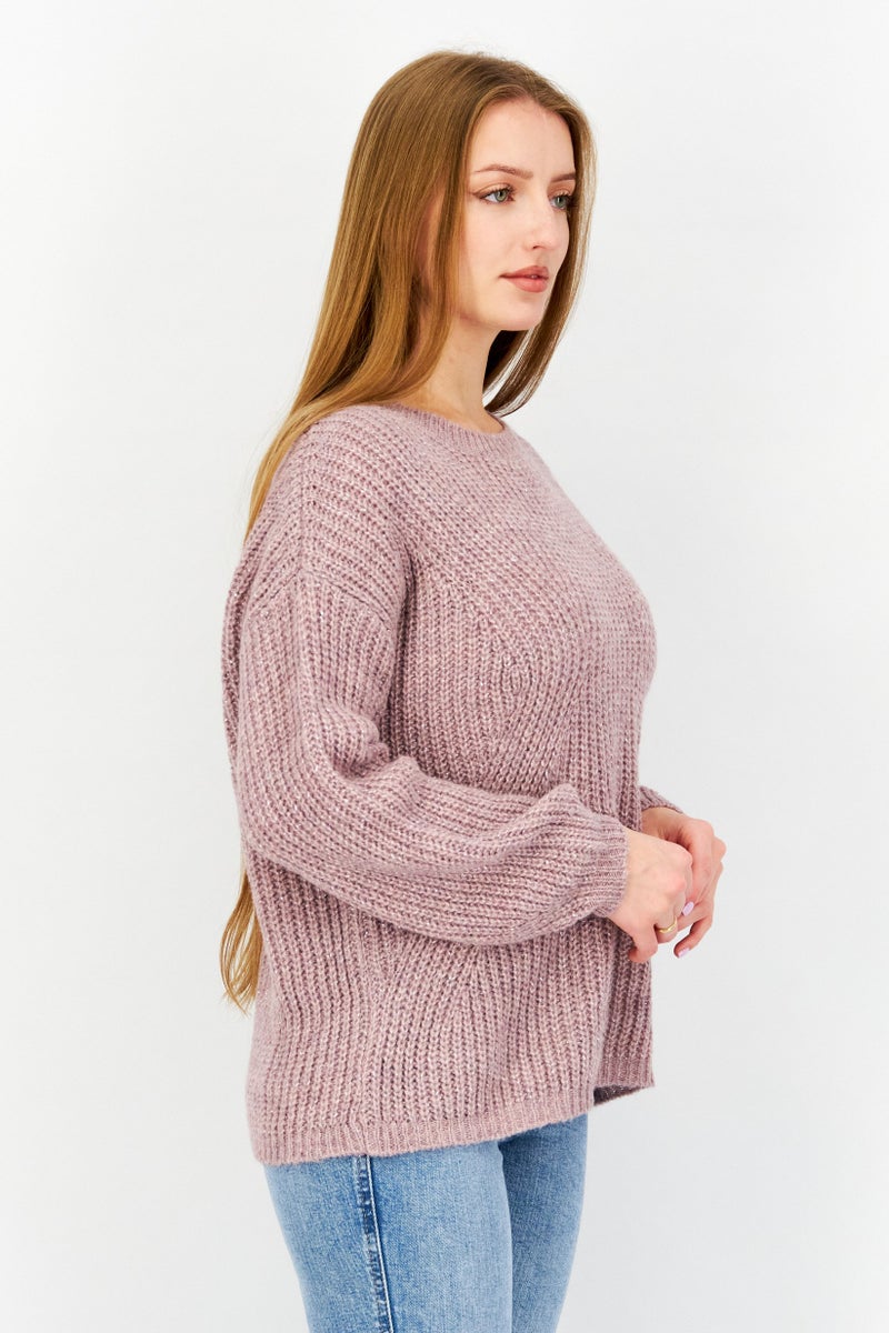 Women Crew Neck Metallic Sweater, Light Pink