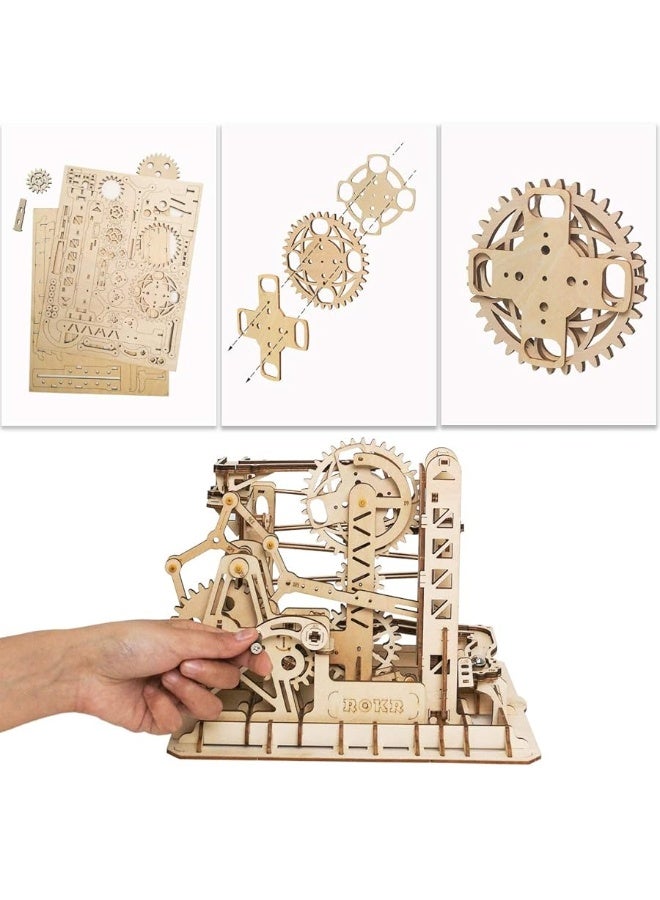 ROKR 3D Assembly Wooden Puzzle Brain Teaser Game Mechanical Gears Set Model Kit Marble Run Set Unique Craft Kits Christmas/Birthday/Valentine's Gift for Adults & Kids Age 14+(LG503-Lift Coaster)