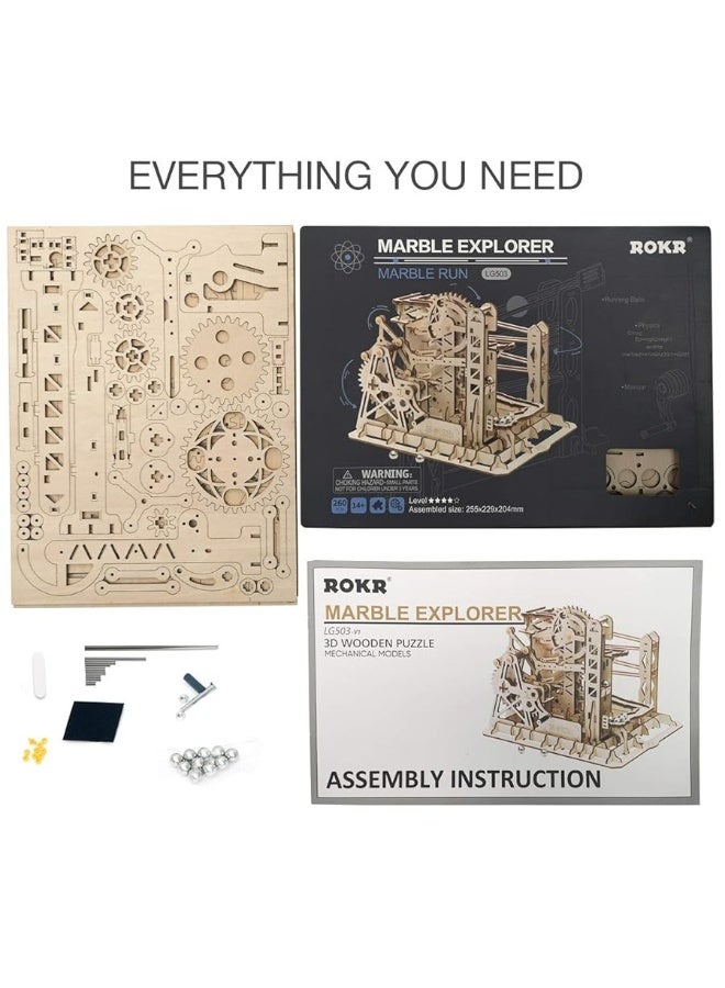 ROKR 3D Assembly Wooden Puzzle Brain Teaser Game Mechanical Gears Set Model Kit Marble Run Set Unique Craft Kits Christmas/Birthday/Valentine's Gift for Adults & Kids Age 14+(LG503-Lift Coaster)