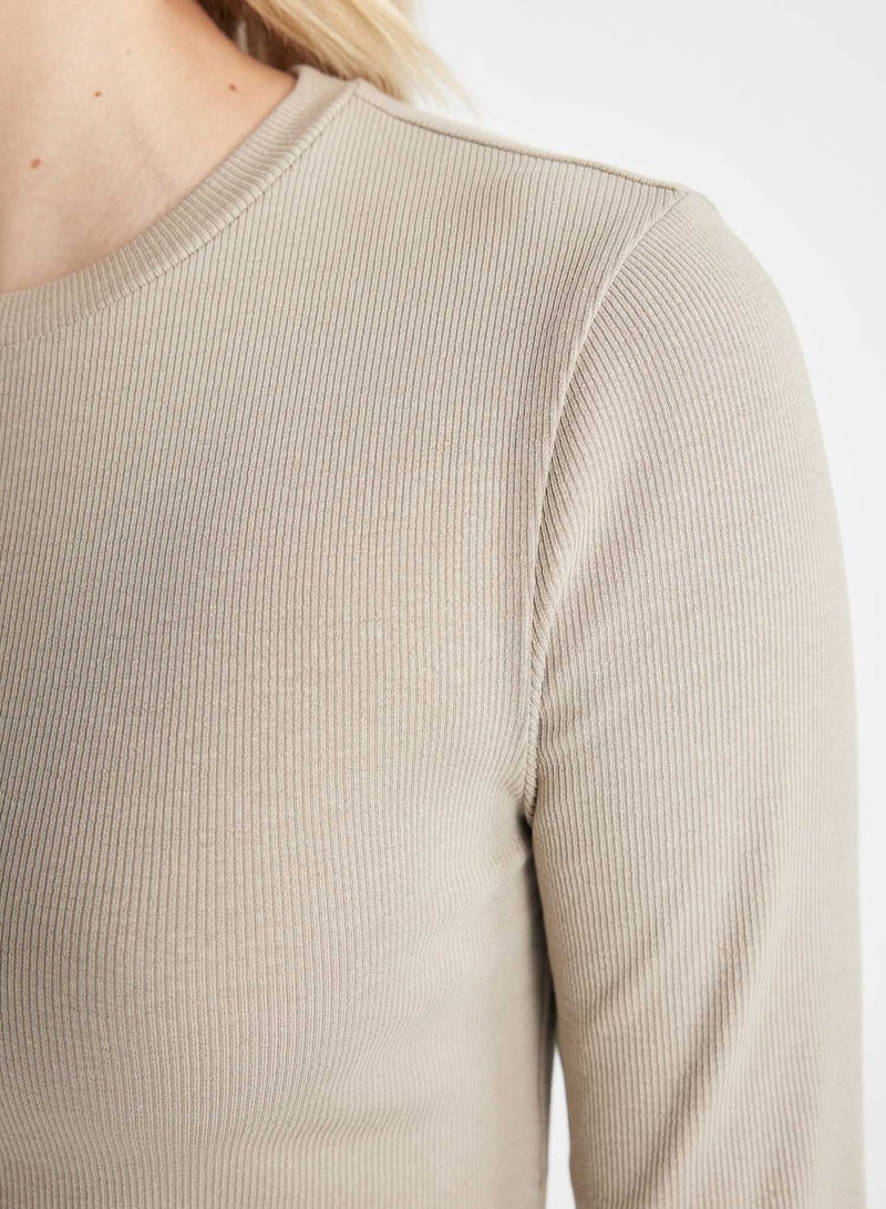 Fitted Crew Neck Ribbed Basic Plain Long Sleeve T-Shirt