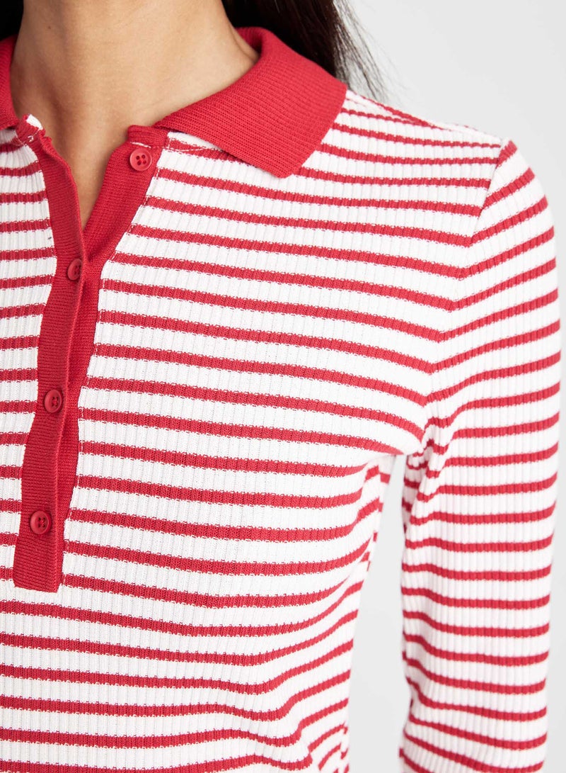 Slim Fit Polo Neck Buttoned Striped Ribbed Long Sleeve T-Shirt