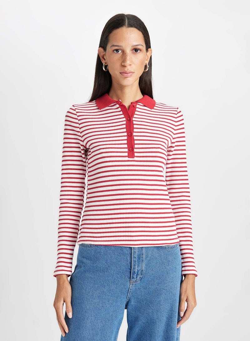 Slim Fit Polo Neck Buttoned Striped Ribbed Long Sleeve T-Shirt