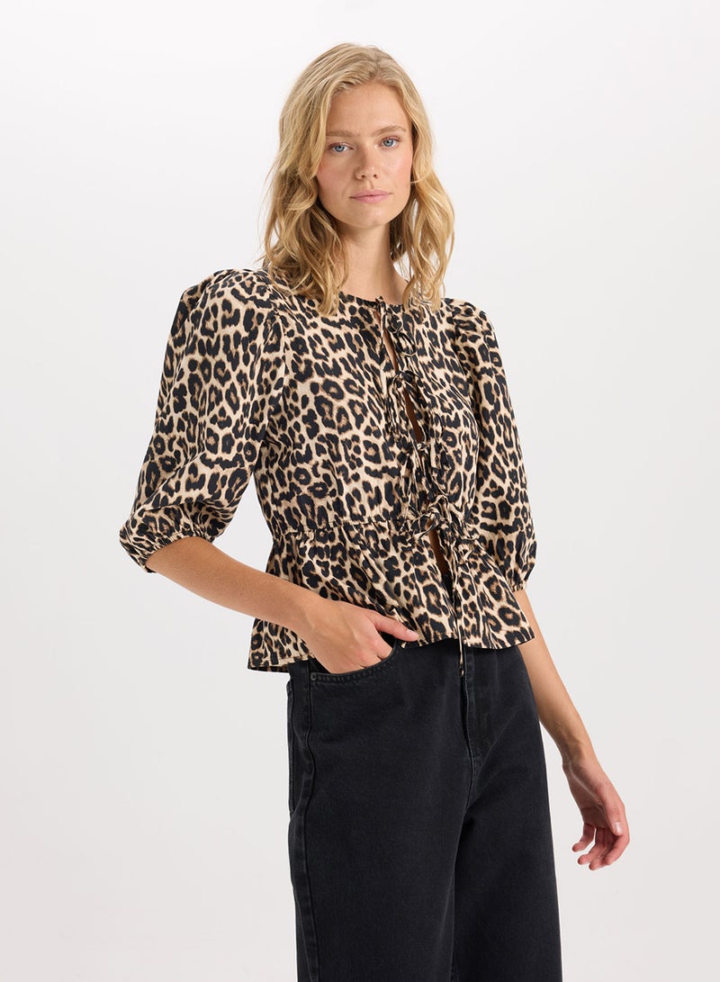 Fitted Round Neck Leopard Print Front-Tied Poplin Long Sleeve Blouse