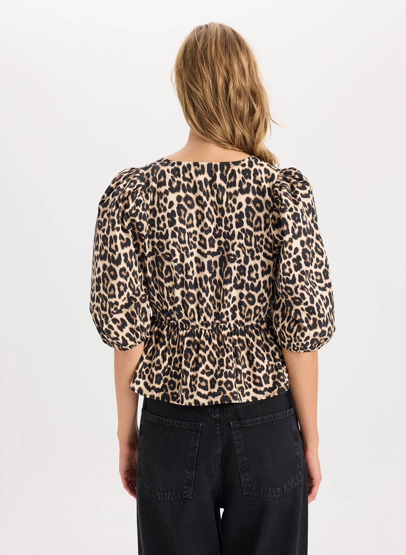 Fitted Round Neck Leopard Print Front-Tied Poplin Long Sleeve Blouse