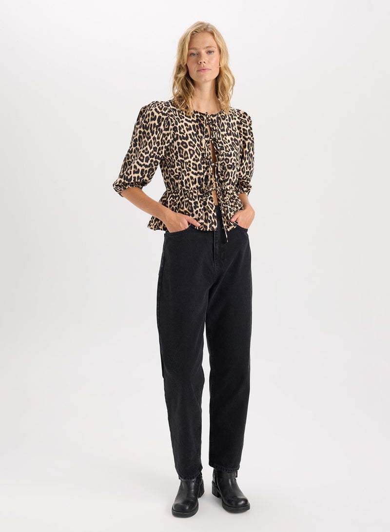 Fitted Round Neck Leopard Print Front-Tied Poplin Long Sleeve Blouse