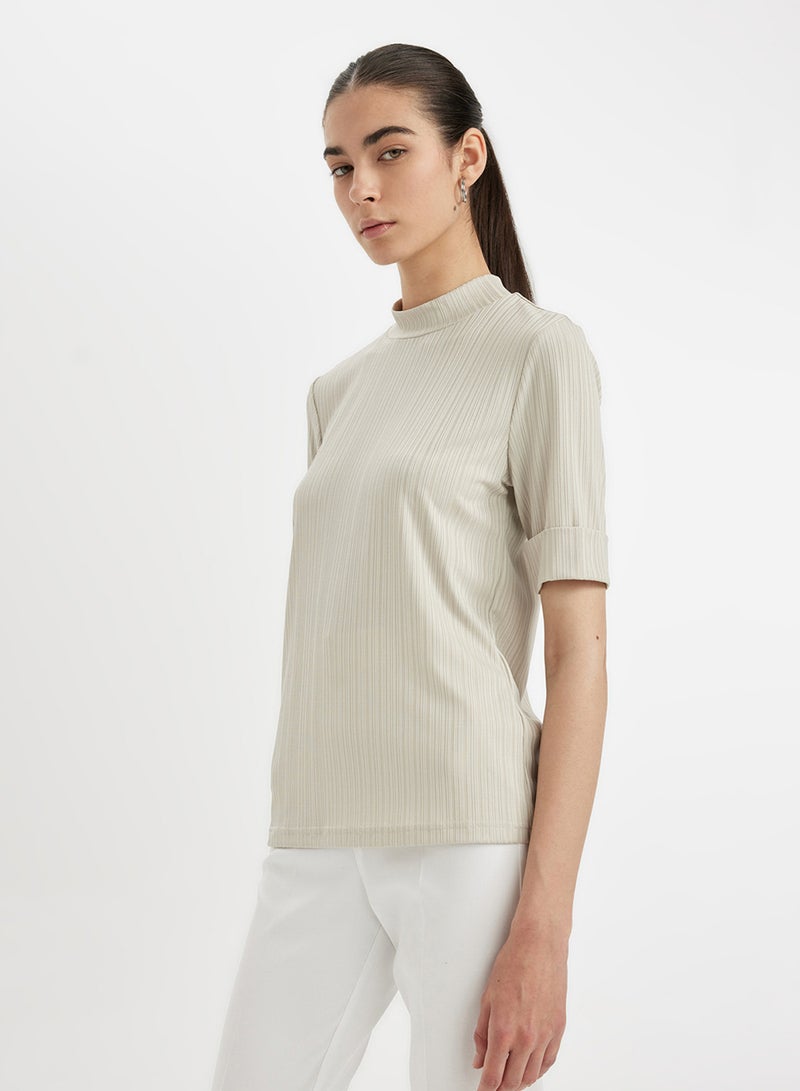 Regular Fit Half Turtleneck Ribbed Short Sleeve Basic T-Shirt