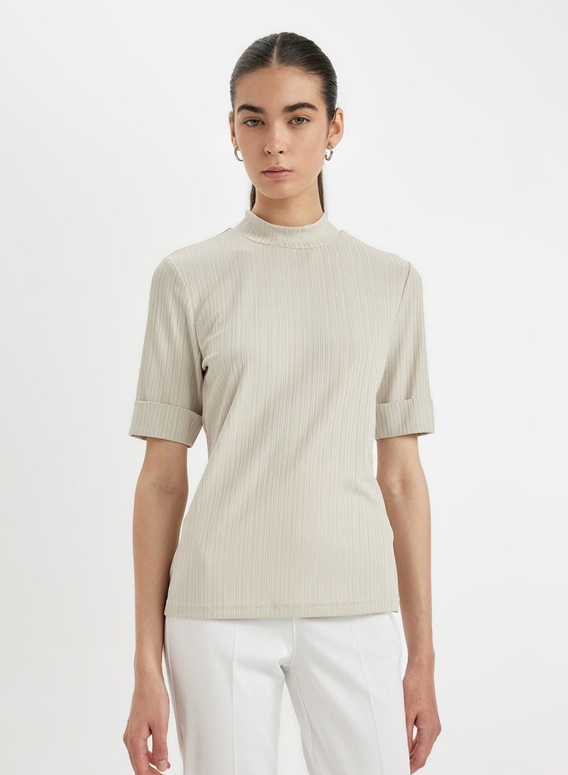 Regular Fit Half Turtleneck Ribbed Short Sleeve Basic T-Shirt