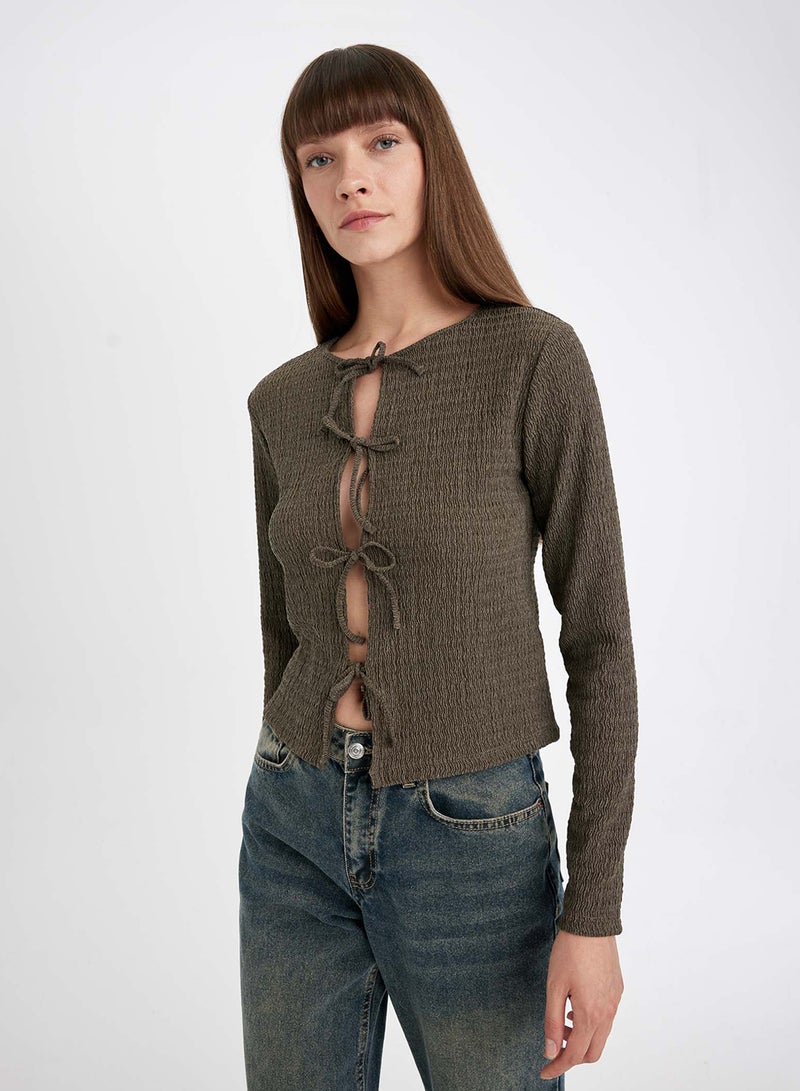 Regular Fit Front-Tied Crinkle Long Sleeve T-Shirt