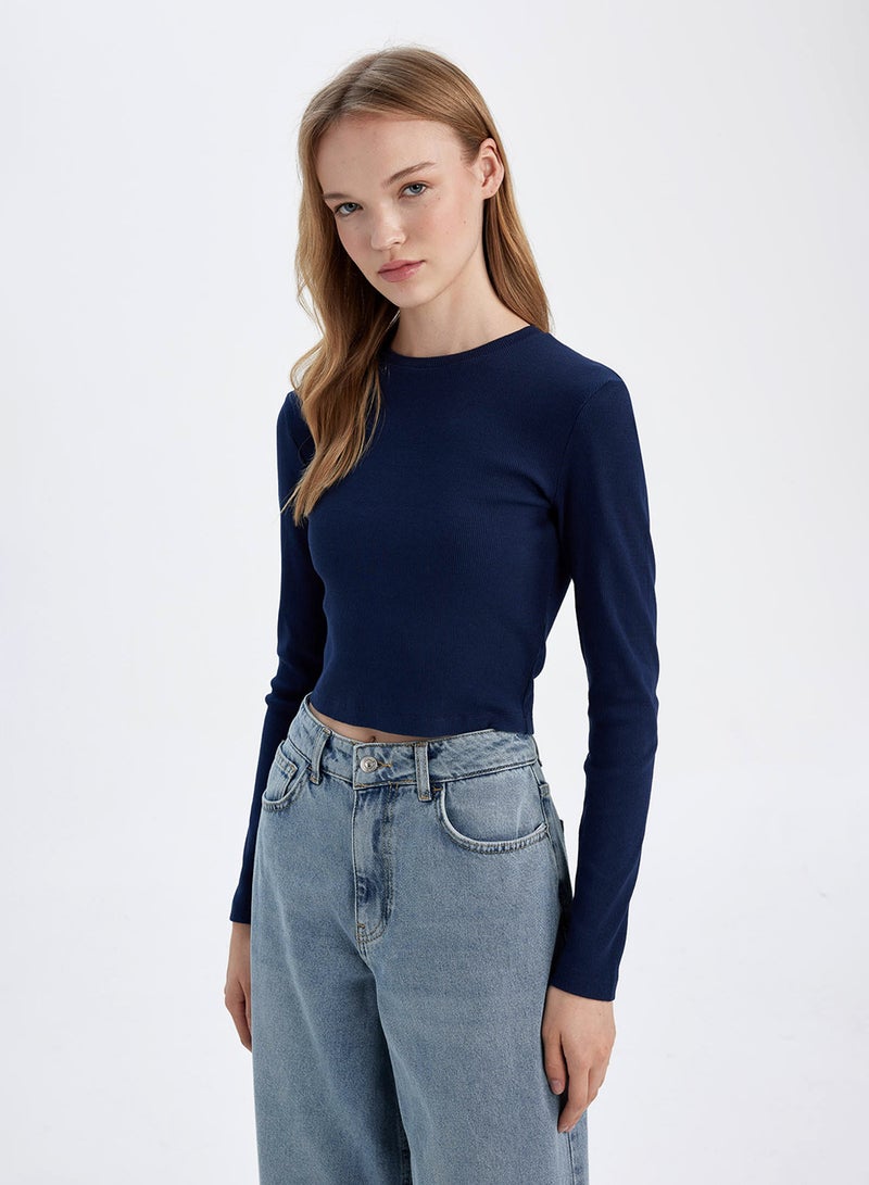 Fitted Crew Neck Ribbed Basic Plain Long Sleeve T-Shirt