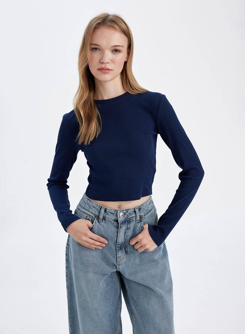 Fitted Crew Neck Ribbed Basic Plain Long Sleeve T-Shirt