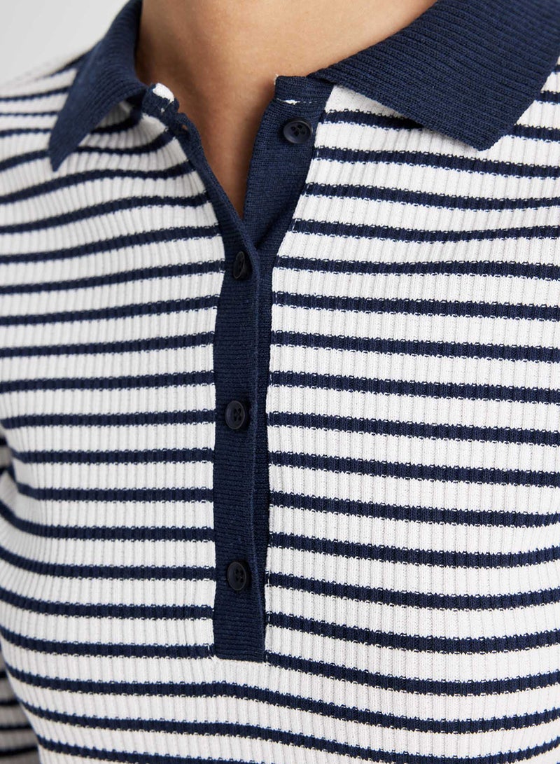 Slim Fit Polo Neck Buttoned Striped Ribbed Long Sleeve T-Shirt